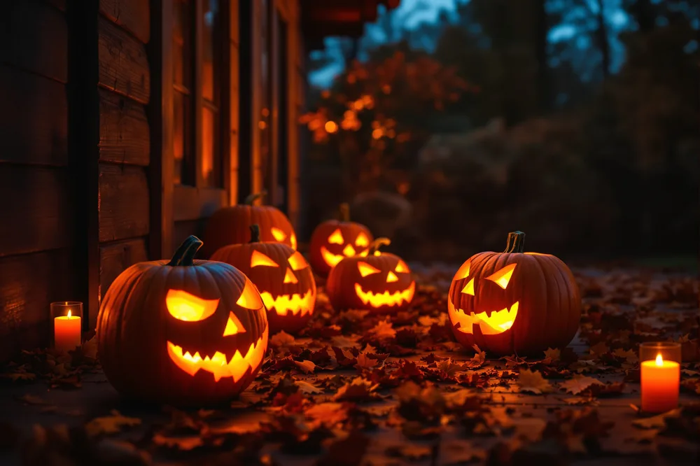 Carved pumpkins glowing on a porch