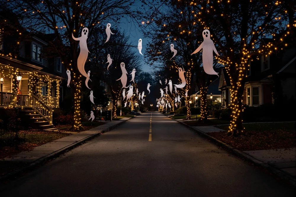 A street decorated for Halloween