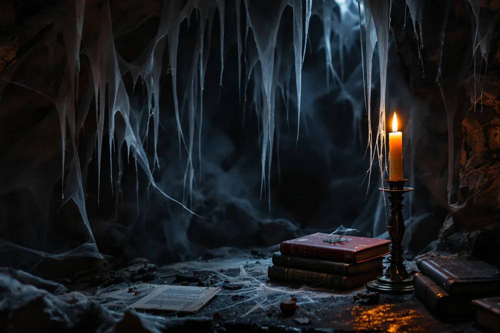 A candlelit cellar with old books