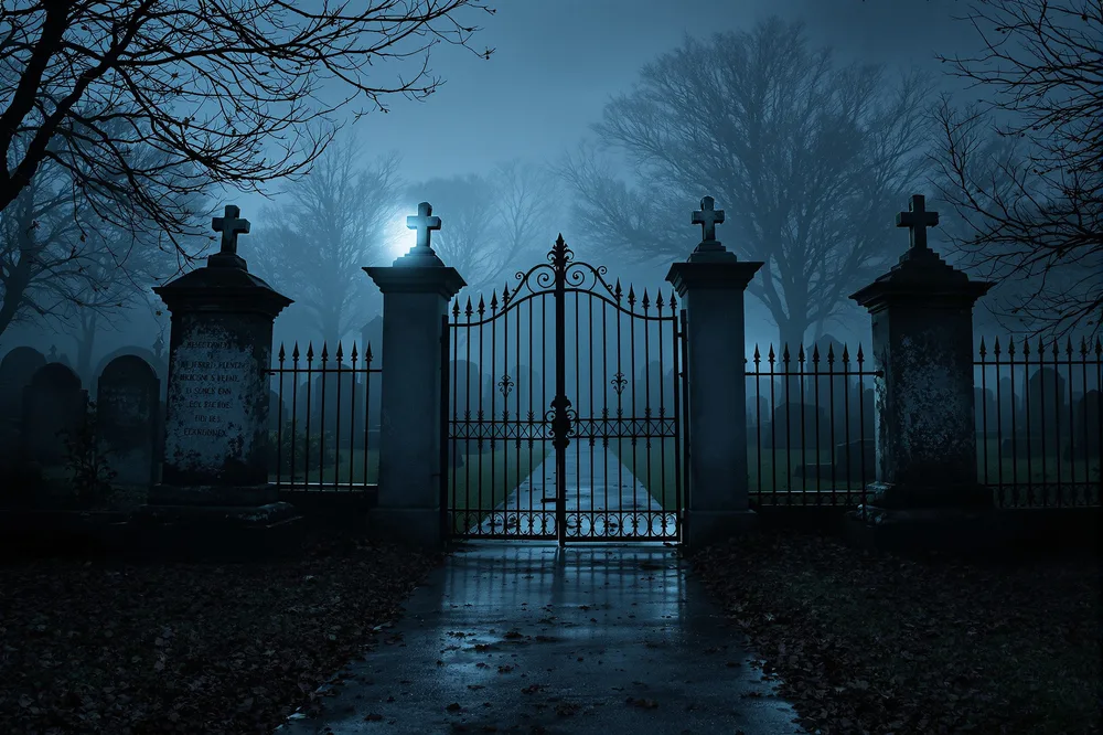 A foggy graveyard at night