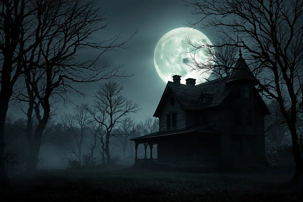 A haunted house against a full moon