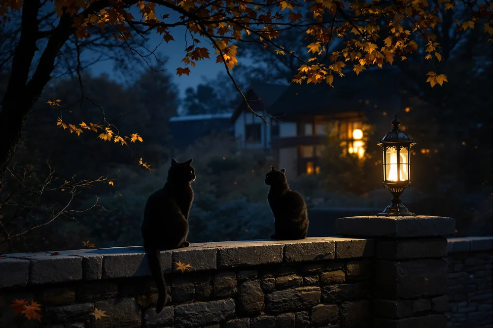 A black cat beside a lantern
