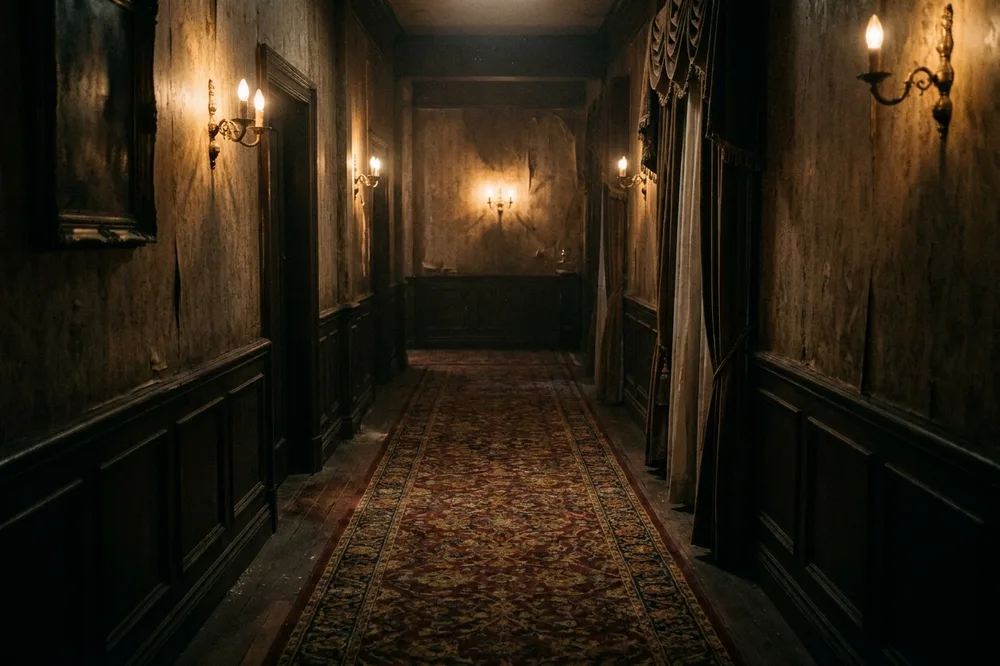 A dark hotel corridor