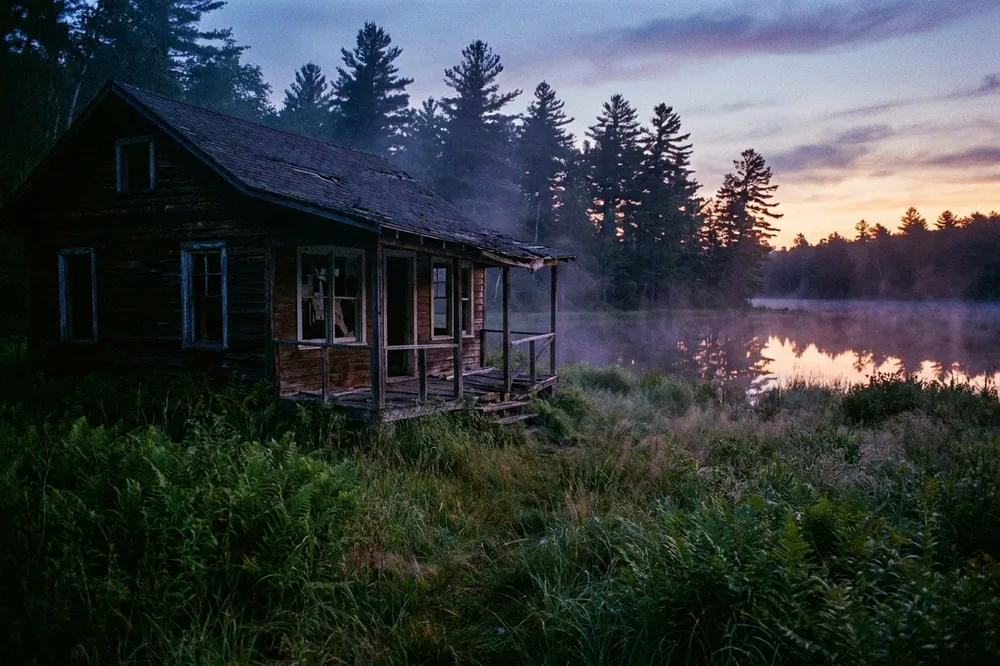 An abandoned camp cabin at dusk