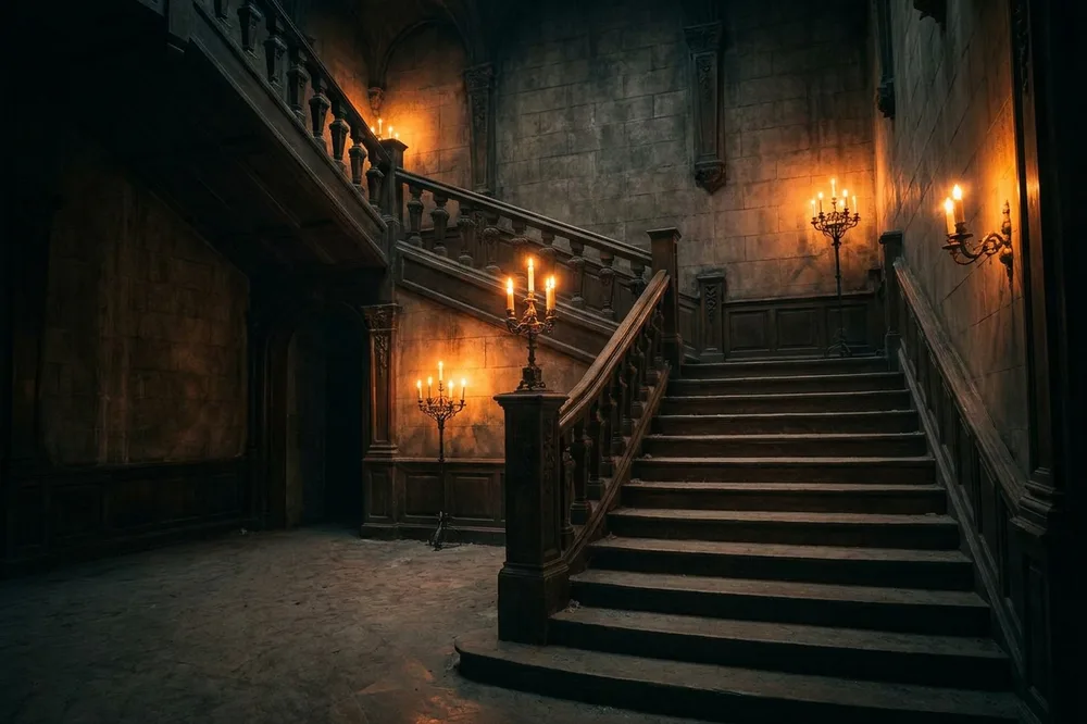 A gothic staircase in candlelight