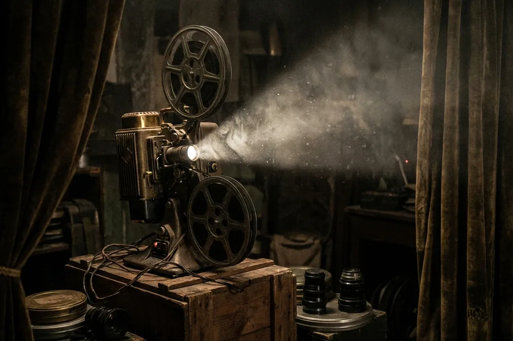 A projector beam in a dark room