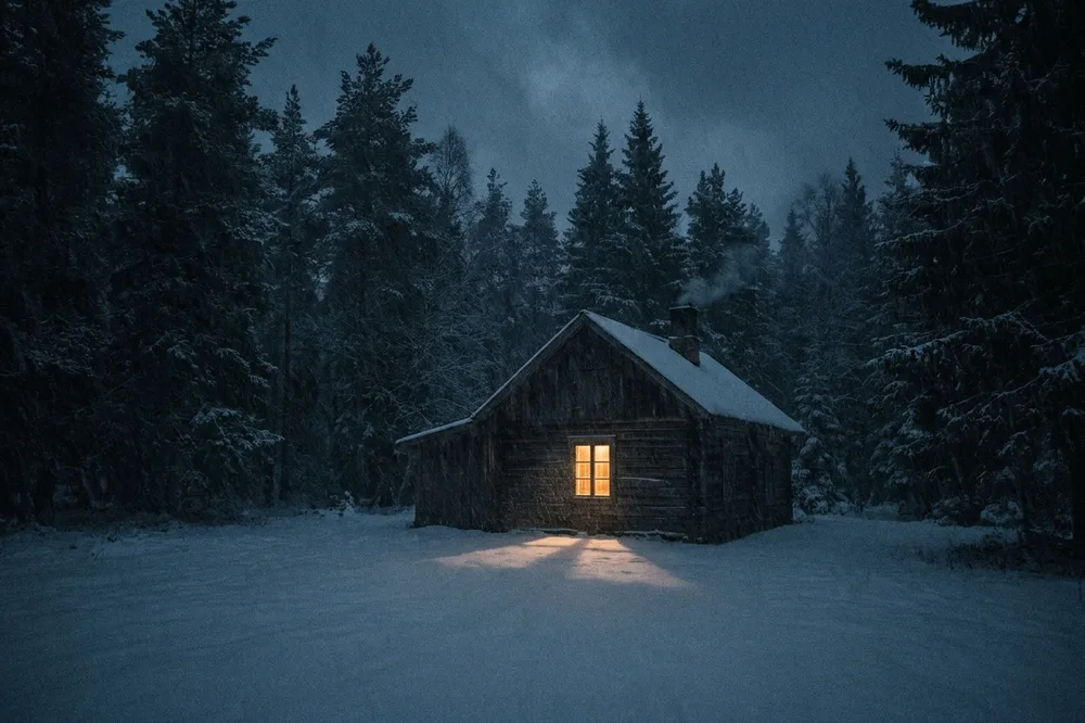A lit cabin in dark woods